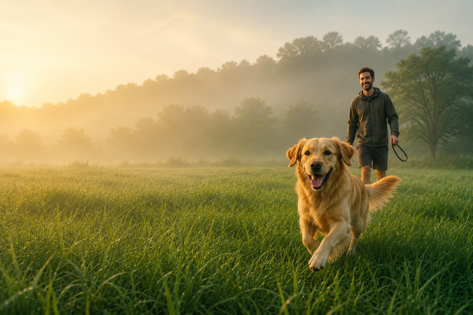 Labrador correndo em campo ao amanhecer